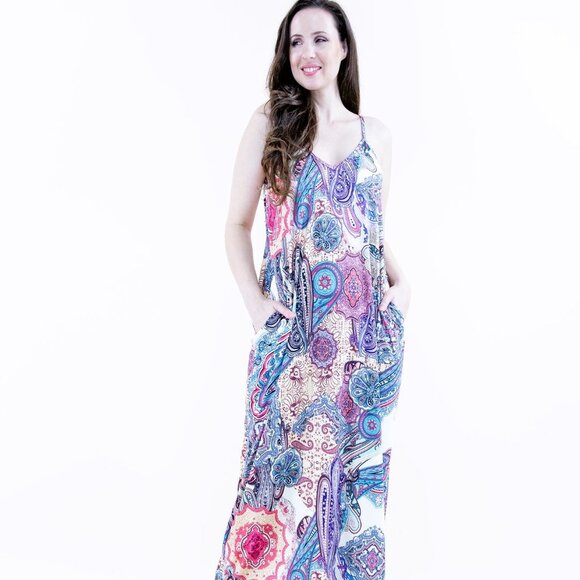 COPY - Women’s Bohemian Paisley print Sleeveless Maxi dress Beige pink NWT - Picture 1 of 6